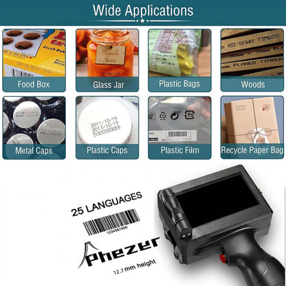 Handheld Inkjet Printer with Touch Screen – Portable Batch Coding & Date Printer for Barcodes, QR Codes, Expiry Dates, Logos & Text – Prints on Plastic, Cartons, Glass, Metal, Wood & Packaging