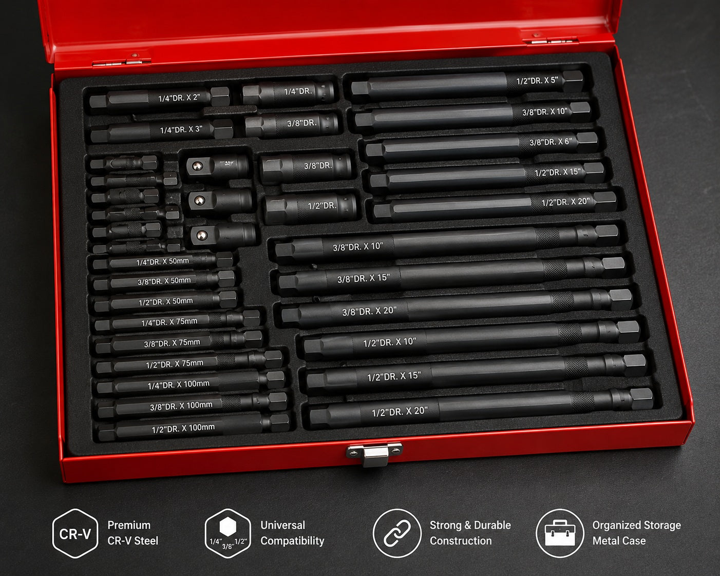 Socket Extension Bar & Adapter Set in Red Metal Storage Case – 1/4", 3/8" & 1/2" Drive Extension Tool Kit