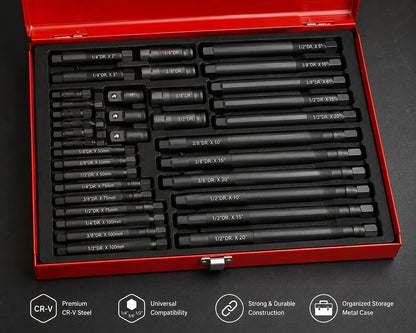 Socket Extension Bar & Adapter Set in Red Metal Storage Case – 1/4", 3/8" & 1/2" Drive Extension Tool Kit