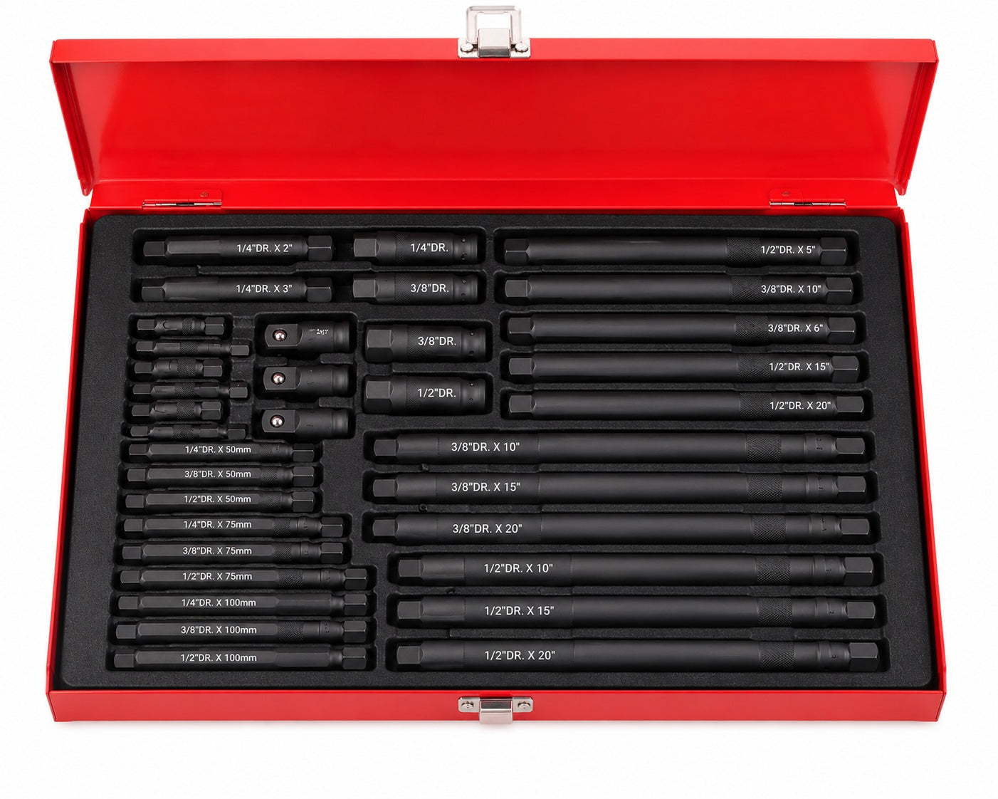 Socket Extension Bar & Adapter Set in Red Metal Storage Case – 1/4