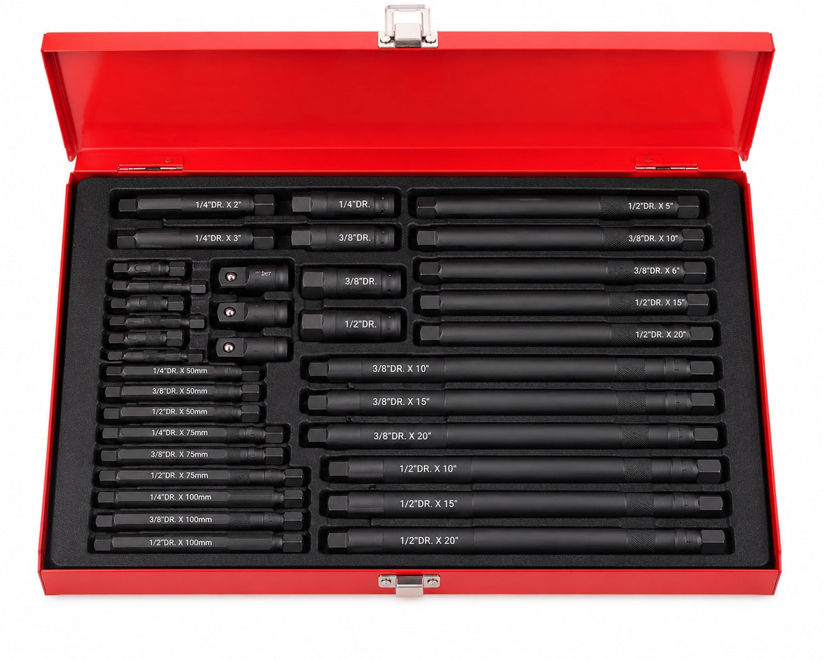 Socket Extension Bar & Adapter Set in Red Metal Storage Case – 1/4", 3/8" & 1/2" Drive Extension Tool Kit