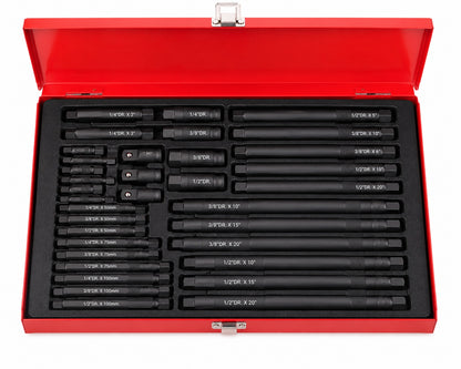 Socket Extension Bar & Adapter Set in Red Metal Storage Case – 1/4", 3/8" & 1/2" Drive Extension Tool Kit