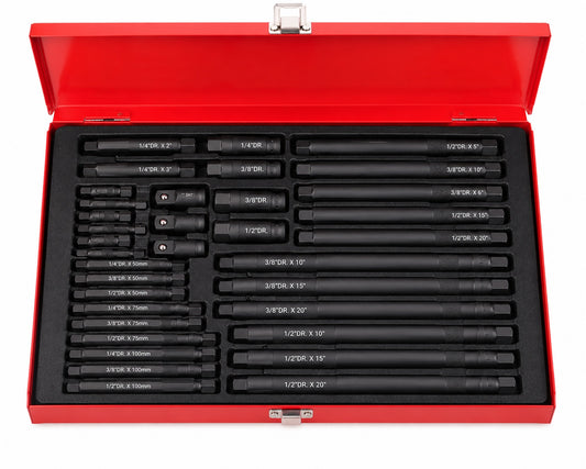 Socket Extension Bar & Adapter Set in Red Metal Storage Case – 1/4", 3/8" & 1/2" Drive Extension Tool Kit