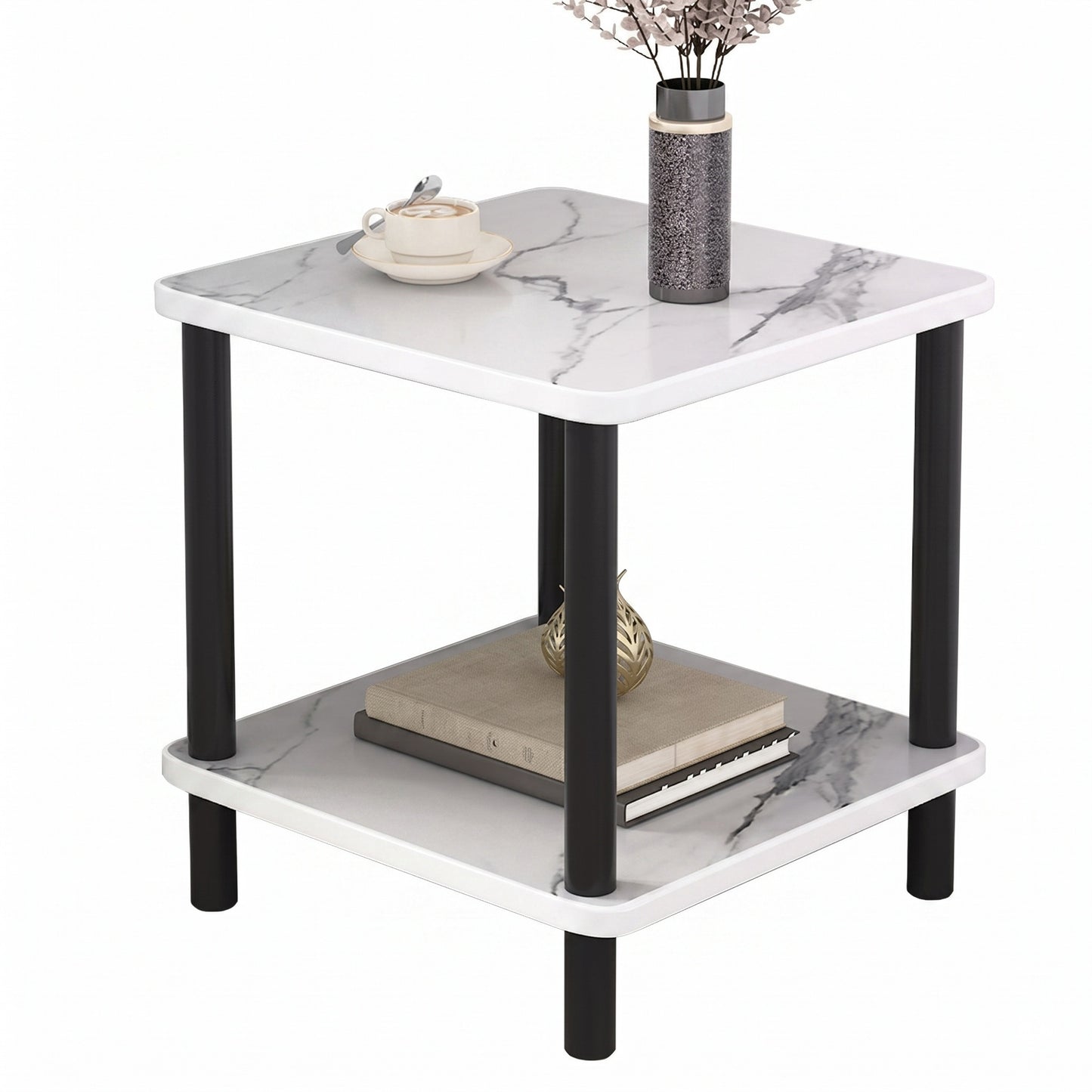 2-Tier Marble-Effect Side Table 40 x 40 x 53cm with Black Legs – Compact Modern Bedside, Sofa & Living Room Storage Table