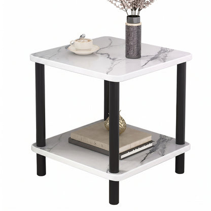 2-Tier Marble-Effect Side Table 40 x 40 x 53cm with Black Legs – Compact Modern Bedside, Sofa & Living Room Storage Table