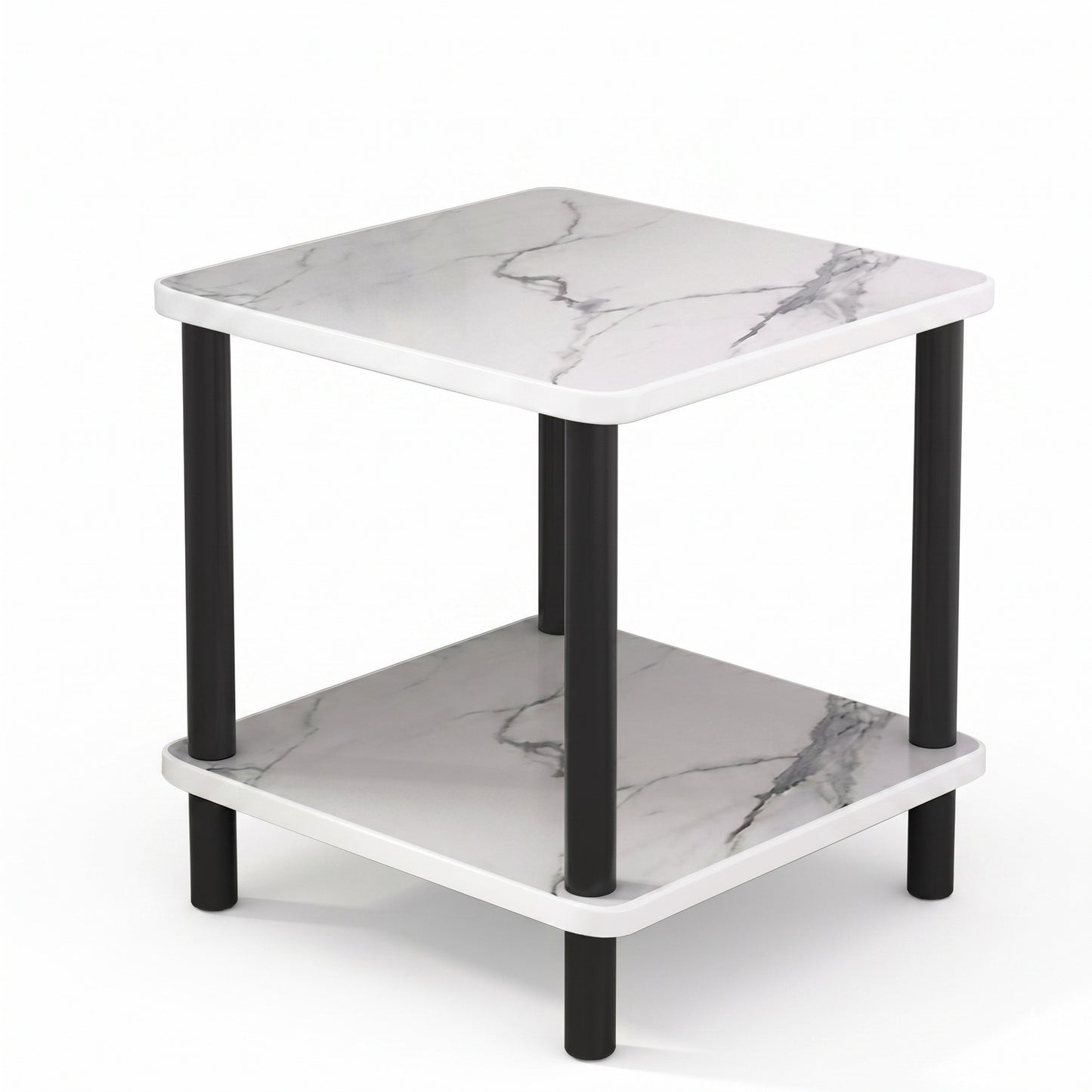 2-Tier Marble-Effect Side Table 40 x 40 x 53cm with Black Legs – Compact Modern Bedside, Sofa & Living Room Storage Table