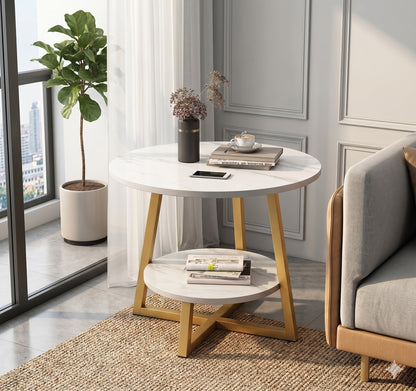 Modern 2-Tier Round Faux Marble Side Table with Gold Metal Frame – Elegant Sofa, Bedside & Living Room Storage Table