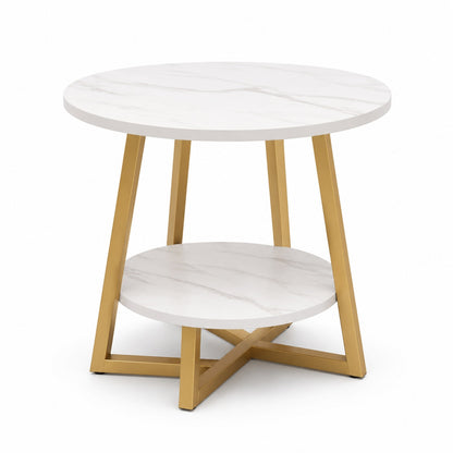 Modern 2-Tier Round Faux Marble Side Table with Gold Metal Frame – Elegant Sofa, Bedside & Living Room Storage Table