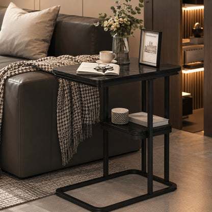 Modern 2-Tier C-Shaped Side Table with Black Marble-Effect Shelves – Sofa, Bedside & Living Room Storage Table