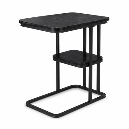 Modern 2-Tier C-Shaped Side Table with Black Marble-Effect Shelves – Sofa, Bedside & Living Room Storage Table