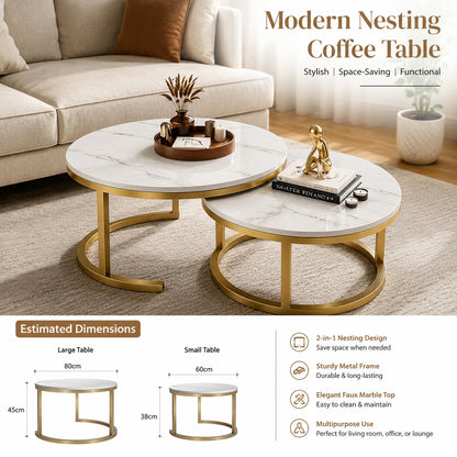 Modern Round Nesting Coffee Table Set of 2 – Luxury Faux Marble Top