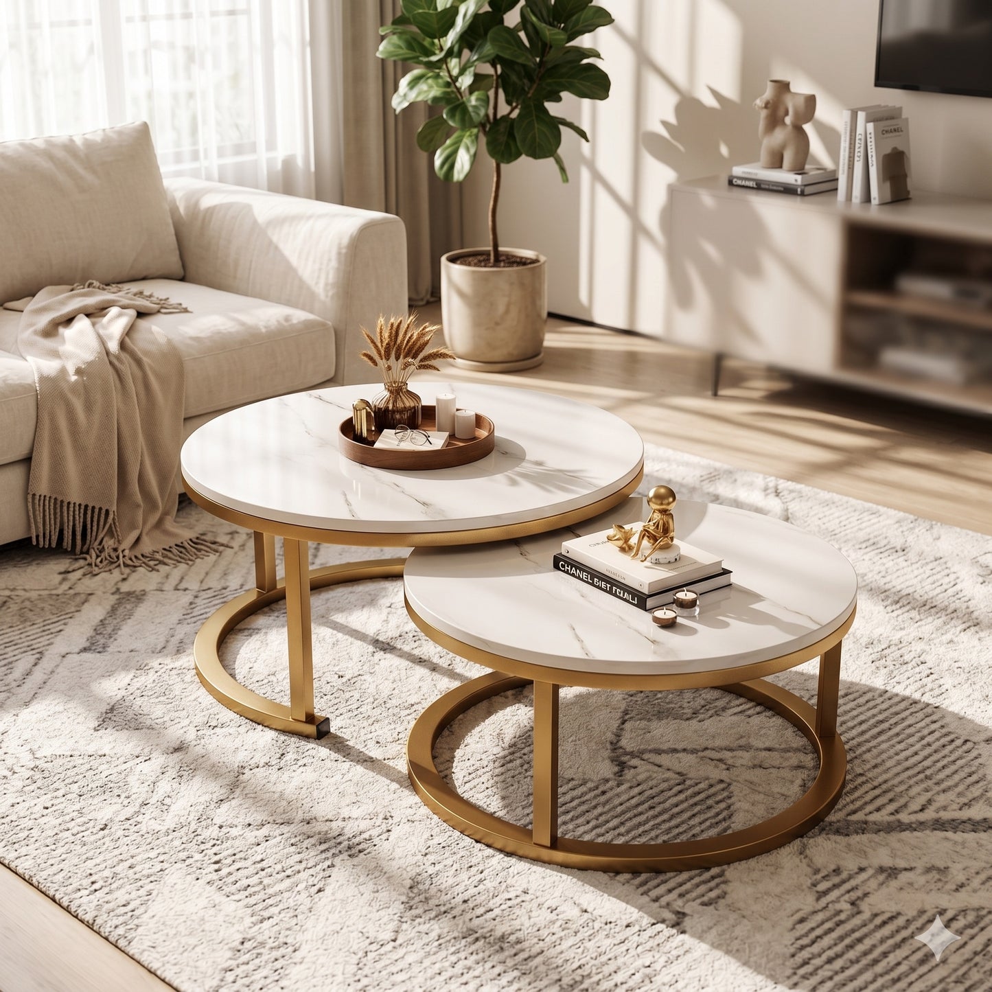 Modern Round Nesting Coffee Table Set of 2 – Luxury Faux Marble Top