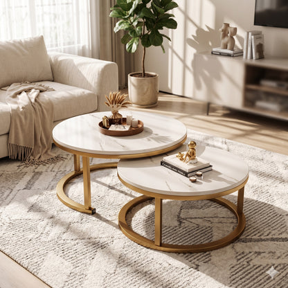 Modern Round Nesting Coffee Table Set of 2 – Luxury Faux Marble Top