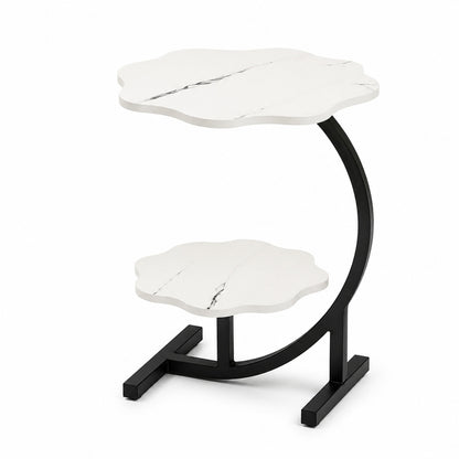 Modern 2-Tier Flower-Shaped Side Table with Black Metal Frame – Sofa, Bedside & Living Room Storage Table (White)