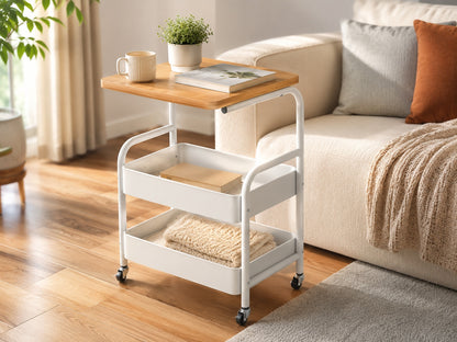 3-Tier Mobile Rolling Utility Cart with Natural Wood Tabletop