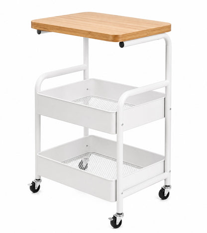 3-Tier Mobile Rolling Utility Cart with Natural Wood Tabletop