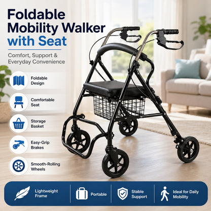 Foldable Rollator Walker with Seat, Basket & Hand Brakes