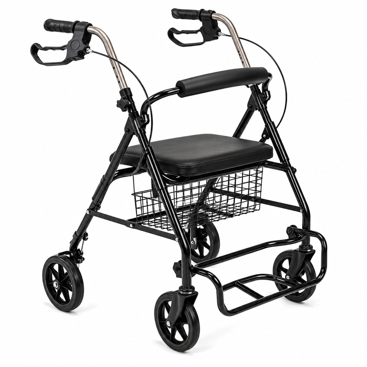 Foldable Rollator Walker with Seat, Basket & Hand Brakes – 4-Wheel Mobility Walking Aid