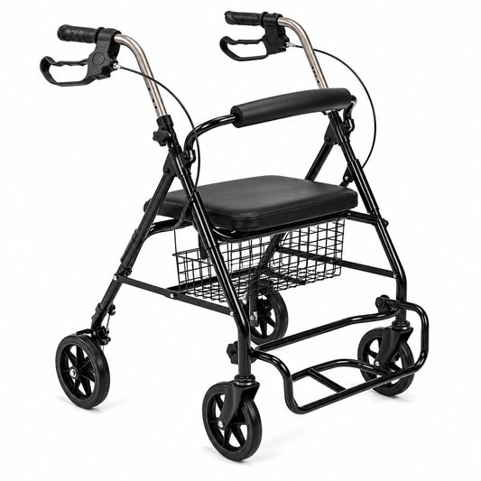 Foldable Rollator Walker with Seat, Basket & Hand Brakes