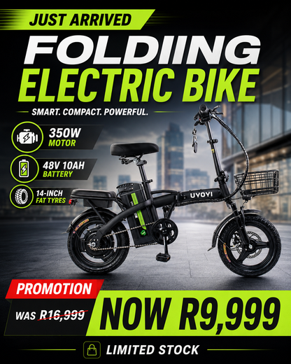 48V 10Ah 14-Inch Folding Electric Bike with Fat Tyres, Dual Seat, Pedal Assist & Disc Brakes – Compact E-Bike
