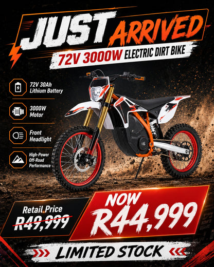 72V 3000W Electric Dirt Bike with 72V 30Ah Lithium Battery, Off-Road Tyres (Orange & Black)