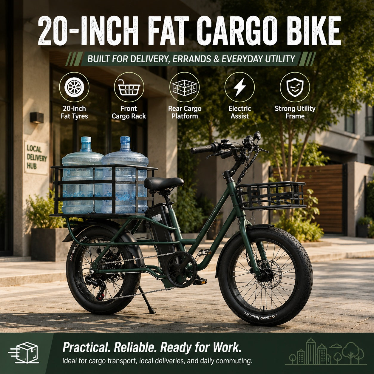 20-Inch Fat Tyre Electric Cargo Delivery Bike with 500W Motor, 48V 13Ah Battery, Front & Rear Cargo Racks – Business E-Bike for Deliveries