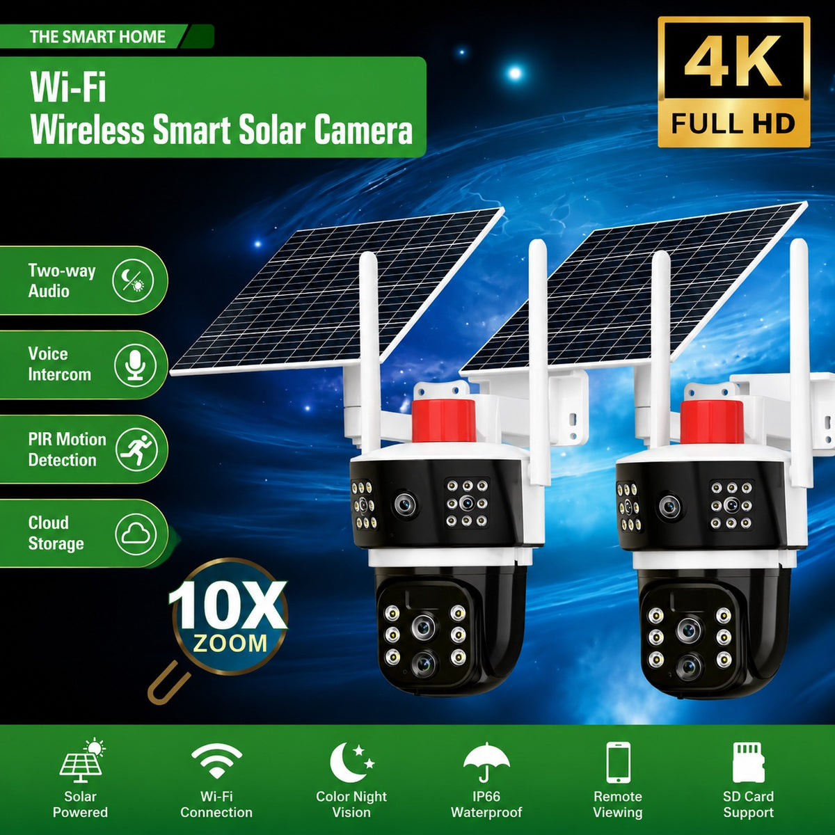 4K WiFi Wireless Smart Solar PTZ Security Camera with Solar Panel, 10X Zoom, Night Vision, Motion Detection, Two-Way Audio & SD Card Support