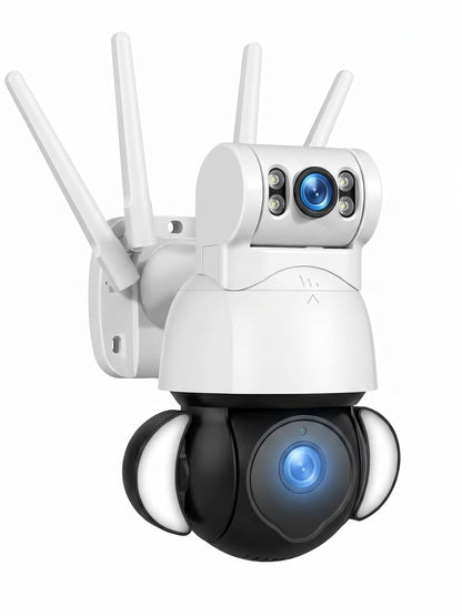 Dual-Lens 4K HD Outdoor PTZ Security Camera – Wireless WiFi Dome Surveillance System with Dual-Screen Tracking, Full-Color Night Vision, 4-Antenna Signal Boost, and Two-Way Audio