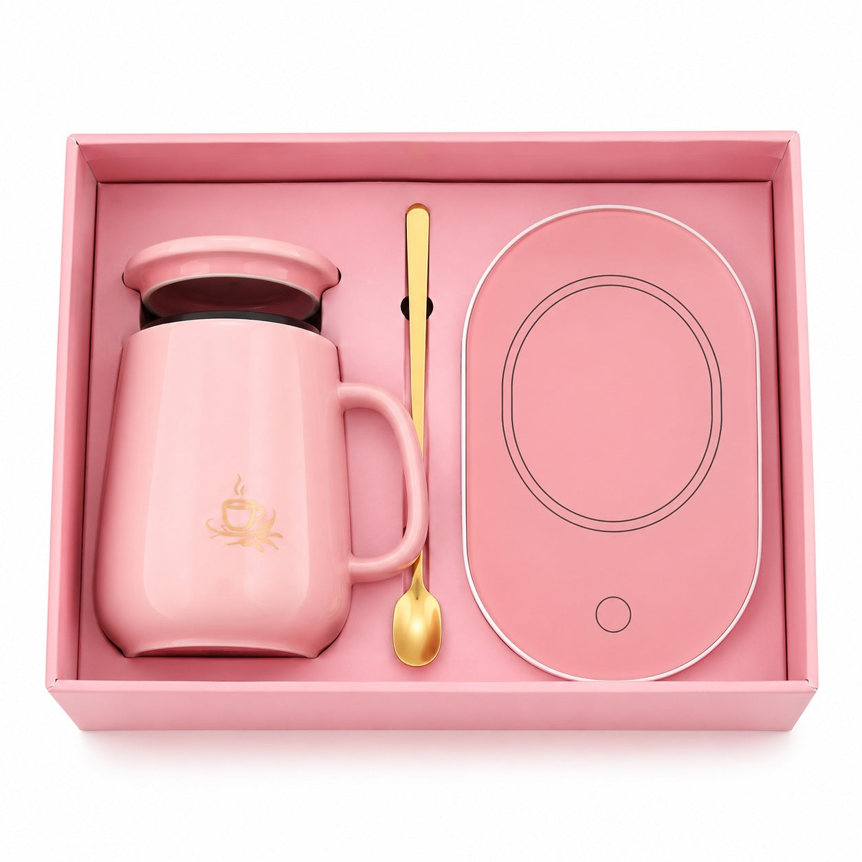 Luxury Pink Ceramic Coffee Mug Gift Set with Matching Lid, Gold Spoon & Electric Cup Warmer – Elegant Tea, Coffee & Hot Beverage Set