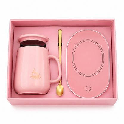 Luxury Pink Ceramic Coffee Mug Gift Set with Matching Lid, Gold Spoon & Electric Cup Warmer – Elegant Tea, Coffee & Hot Beverage Set