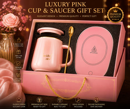 Luxury Pink Ceramic Coffee Mug Gift Set with Matching Lid, Gold Spoon & Electric Cup Warmer – Elegant Tea, Coffee & Hot Beverage Set