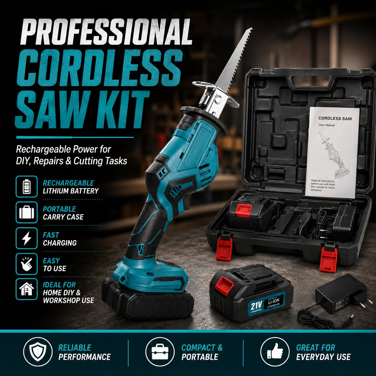 Rechargeable Cordless Reciprocating Saw Kit with Battery, Charger & Carry Case – Portable Electric Cutting Saw for Wood, Plastic, Branches, DIY Repairs & Workshop Use