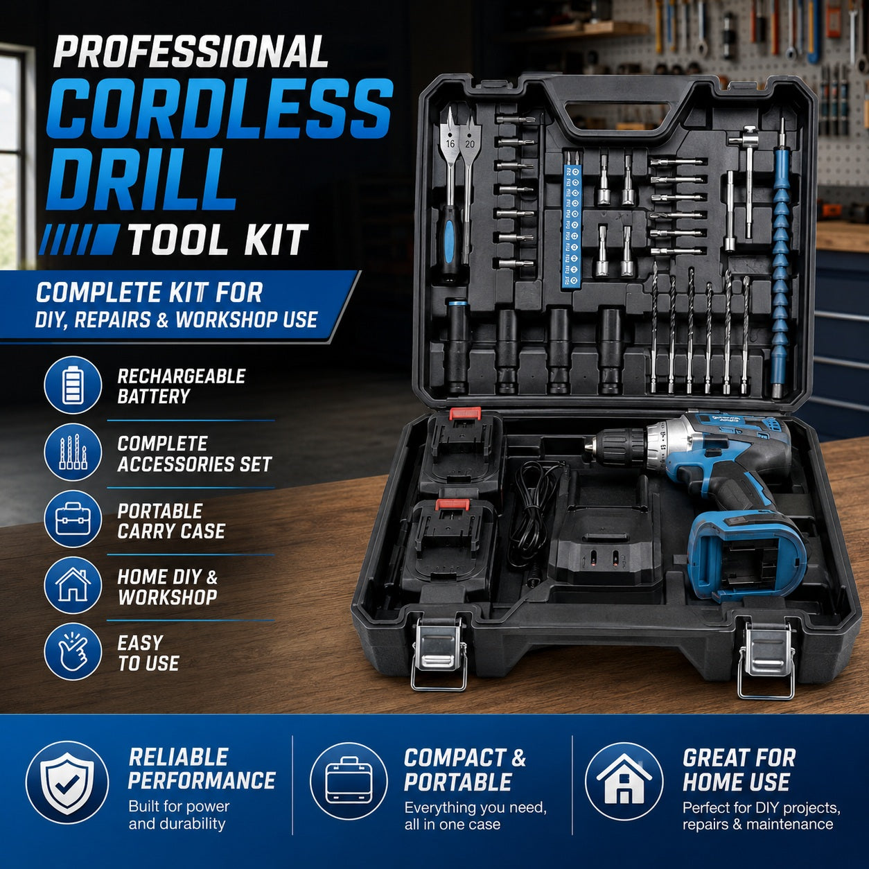 Cordless Drill Tool Kit with Rechargeable Batteries, Charger, Carry Case