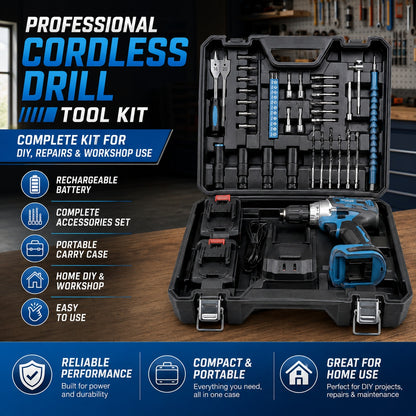 Cordless Drill Tool Kit with Rechargeable Batteries, Charger, Carry Case