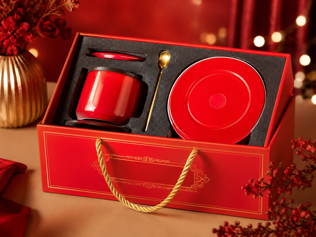 Luxury Red Ceramic Coffee Cup & Saucer Gift Set with Matching Lid, Gold Spoon & Premium Presentation Box – Elegant Tea & Cappuccino Cup Set