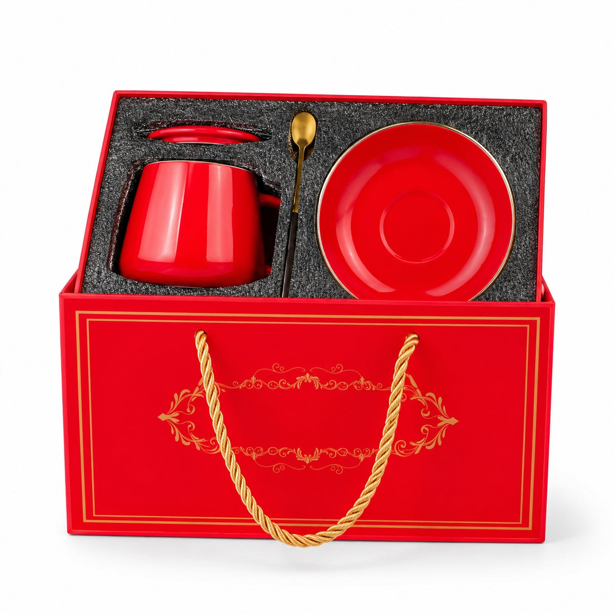 Luxury Red Ceramic Coffee Cup & Saucer Gift Set with Matching Lid, Gold Spoon & Premium Presentation Box – Elegant Tea & Cappuccino Cup Set