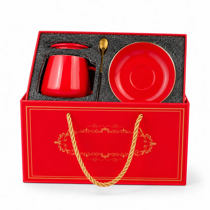 Luxury Red Ceramic Coffee Cup & Saucer Gift Set with Matching Lid, Gold Spoon & Premium Presentation Box – Elegant Tea & Cappuccino Cup Set