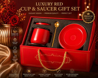 Luxury Red Ceramic Coffee Cup & Saucer Gift Set with Matching Lid, Gold Spoon & Premium Presentation Box – Elegant Tea & Cappuccino Cup Set