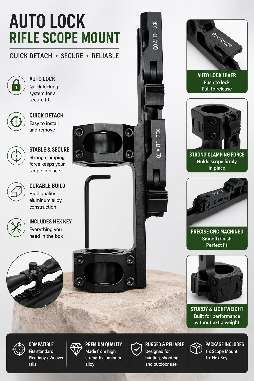 QD Auto Lock Dual-Ring Rifle Scope Mount with Hex Key 25-30mm – Quick Detach Tactical Scope Mount Bracket for Picatinny/Weaver Rail Systems