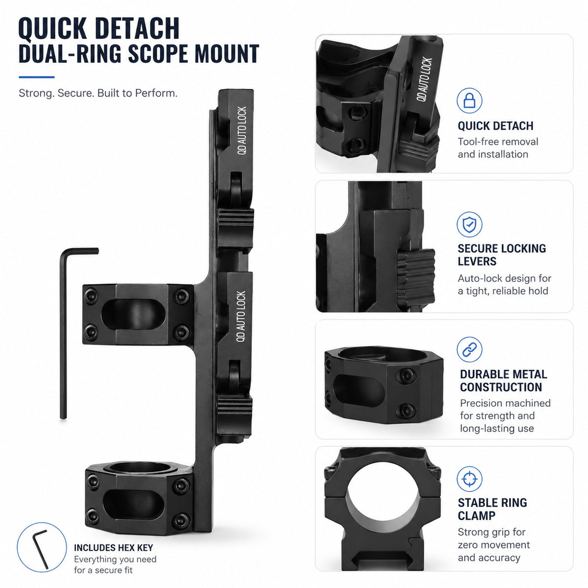 QD Auto Lock Dual-Ring Rifle Scope Mount with Hex Key 25-30mm – Quick Detach Tactical Scope Mount Bracket for Picatinny/Weaver Rail Systems