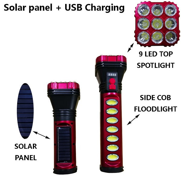 18W Rechargeable Solar Powered 9 LED +7 COB Flashlight