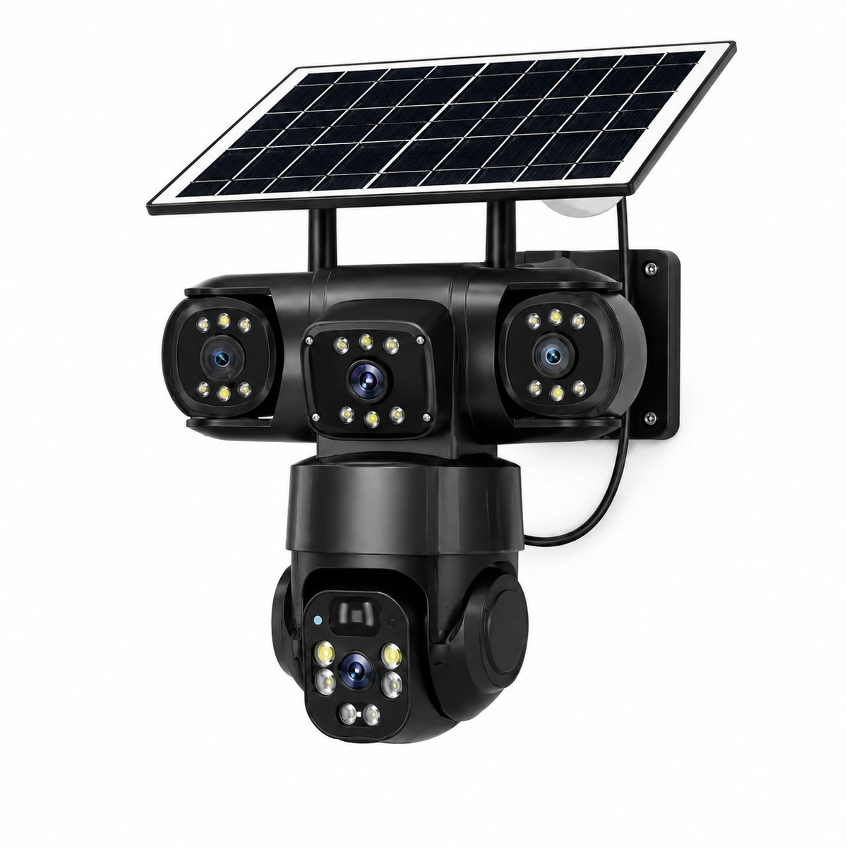 Solar WiFi PTZ Security Camera with Solar Panel, 360° Outdoor Surveillance, Multi-Lens Monitoring, Night Vision, Motion Detection & Remote Mobile App Viewing