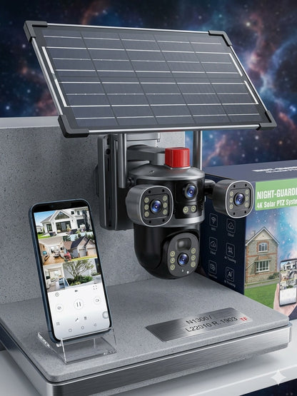 Triple-Lens Solar-Powered PTZ Security Camera – 4K
