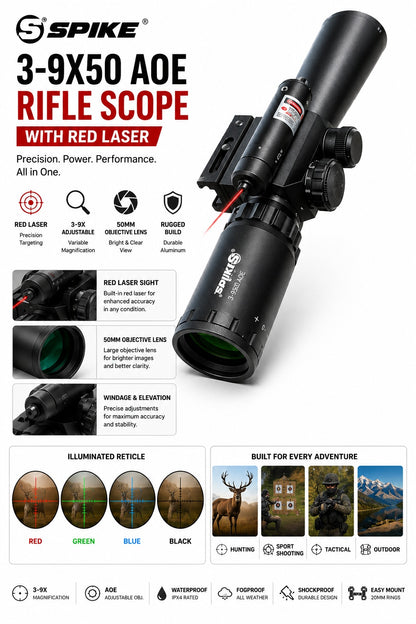 SPIKE 3-9x50 AOE Optical Scope with Red Laser, Adjustable Magnification, 50mm Objective Lens & Mounting Rings – Outdoor Precision Viewing Accessory