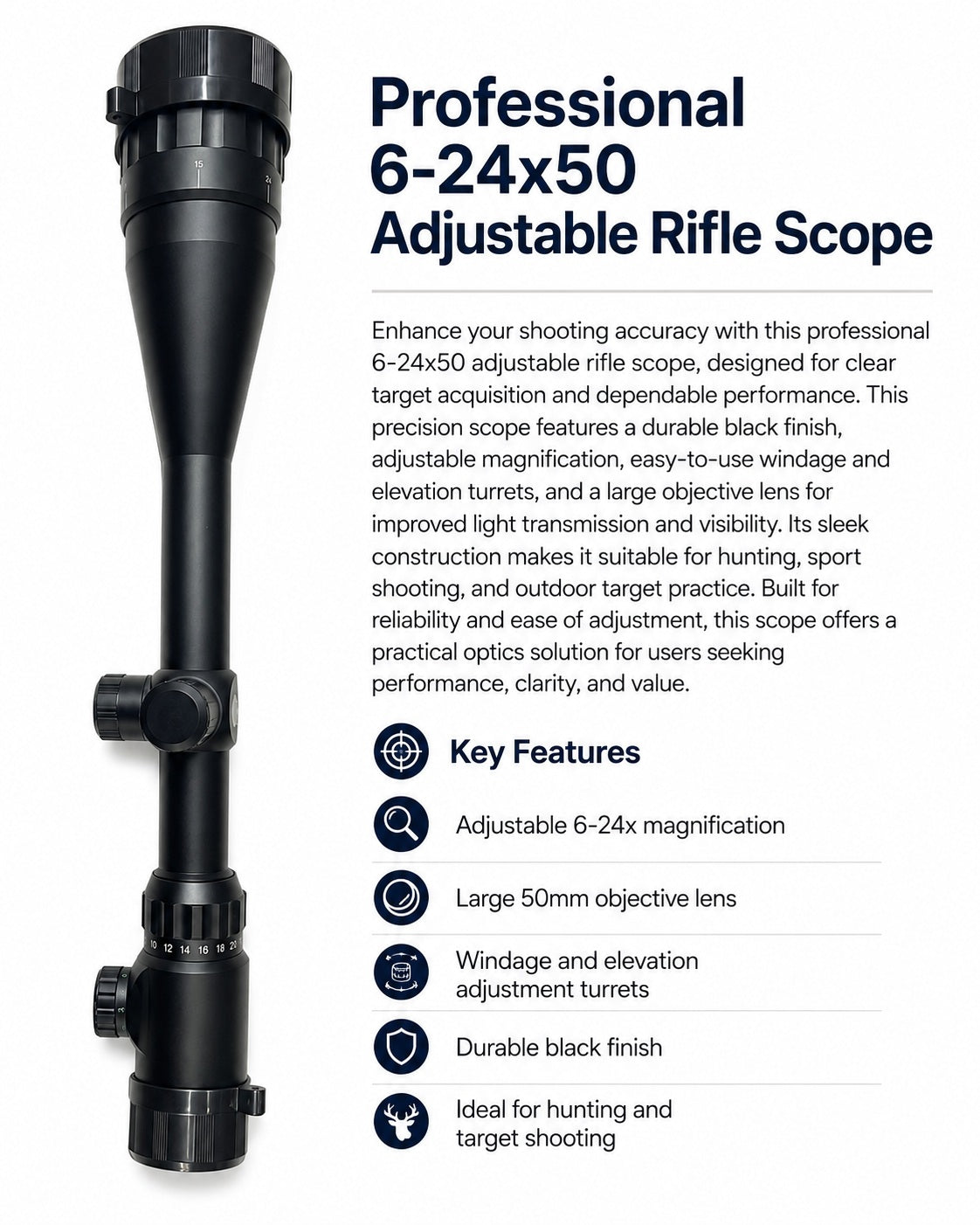 6-24x50 Adjustable Rifle Scope – Precision Optic for Hunting, Sport Shooting and Target Practice