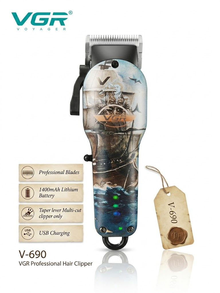 VGR Voyager V-690 Professional Cordless Hair Clipper – Limited Edition Nautical Print Hair Trimmer with 1400mAh Lithium Battery, Precision Taper Lever, and USB Fast Charging