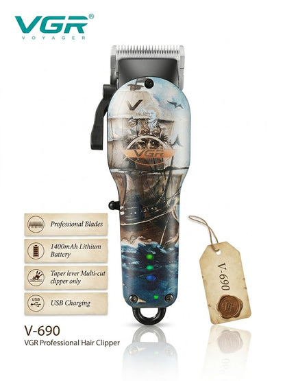 VGR Voyager V-690 Professional Cordless Hair Clipper – Limited Edition Nautical Print Hair Trimmer with 1400mAh Lithium Battery, Precision Taper Lever, and USB Fast Charging