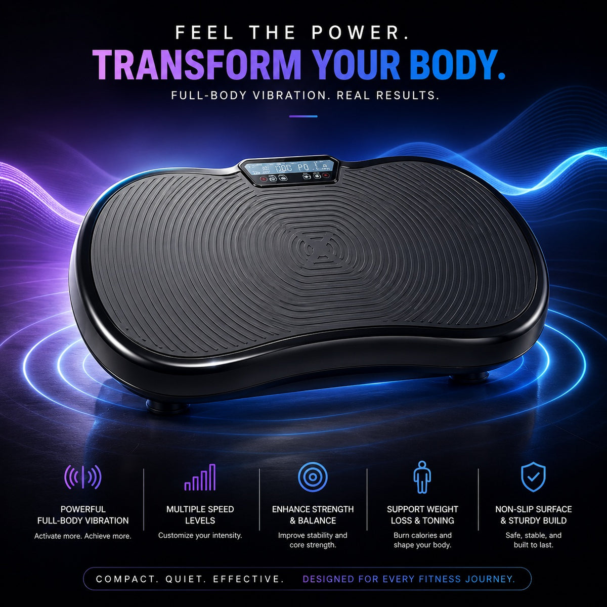Full Body Vibration Plate Exercise Machine with Resistance Bands, Remote Control, Multi-Speed Settings & Non-Slip Platform – Black Home Fitness Trainer