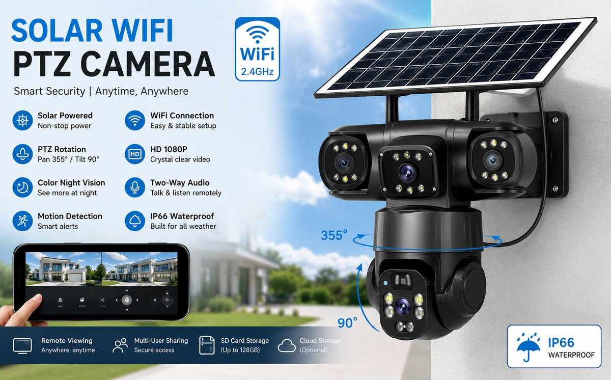 Solar WiFi PTZ Security Camera with Solar Panel, 360° Outdoor Surveillance, Multi-Lens Monitoring, Night Vision, Motion Detection & Remote Mobile App Viewing