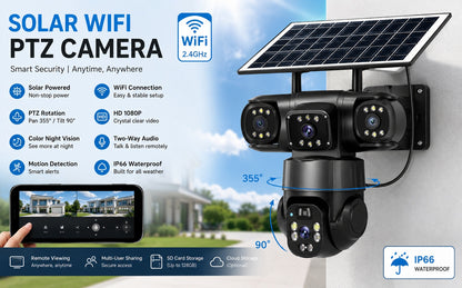 Solar WiFi PTZ Security Camera with Solar Panel, 360° Outdoor Surveillance, Multi-Lens Monitoring, Night Vision, Motion Detection & Remote Mobile App Viewing